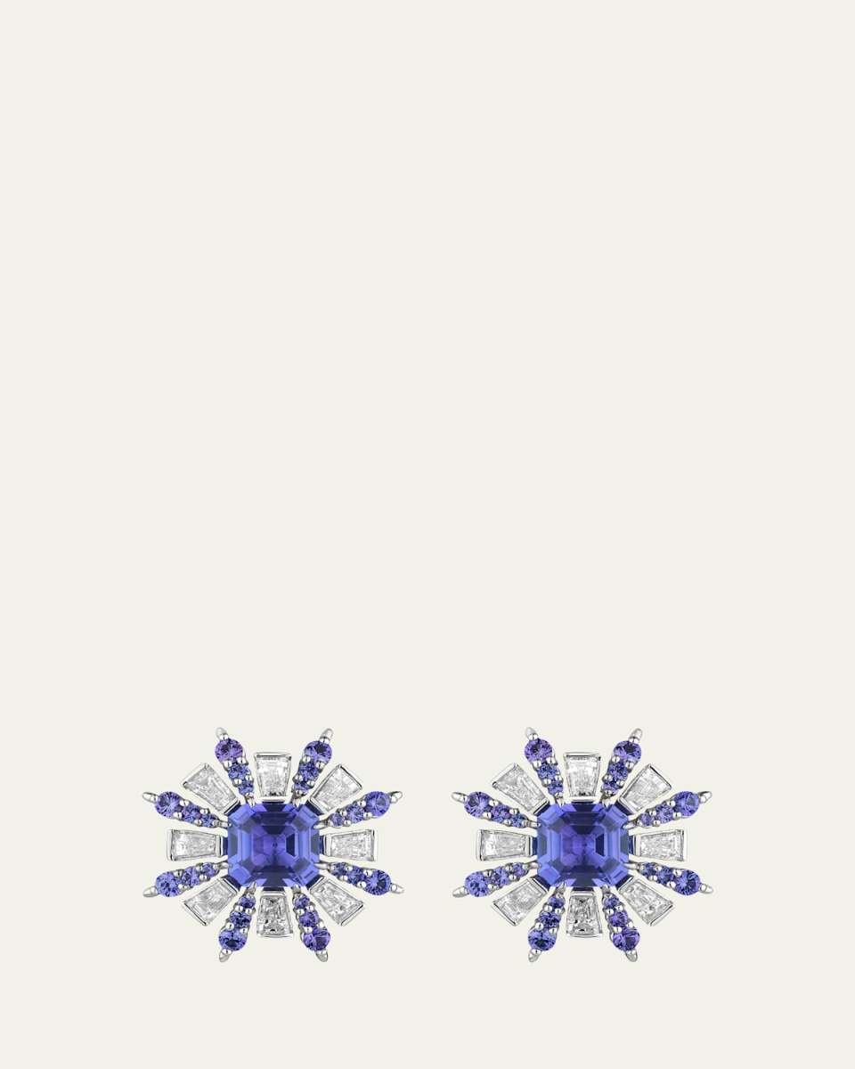 Retro Burst Platinum Tanzanite and Sapphire Stud Earrings with Diamonds